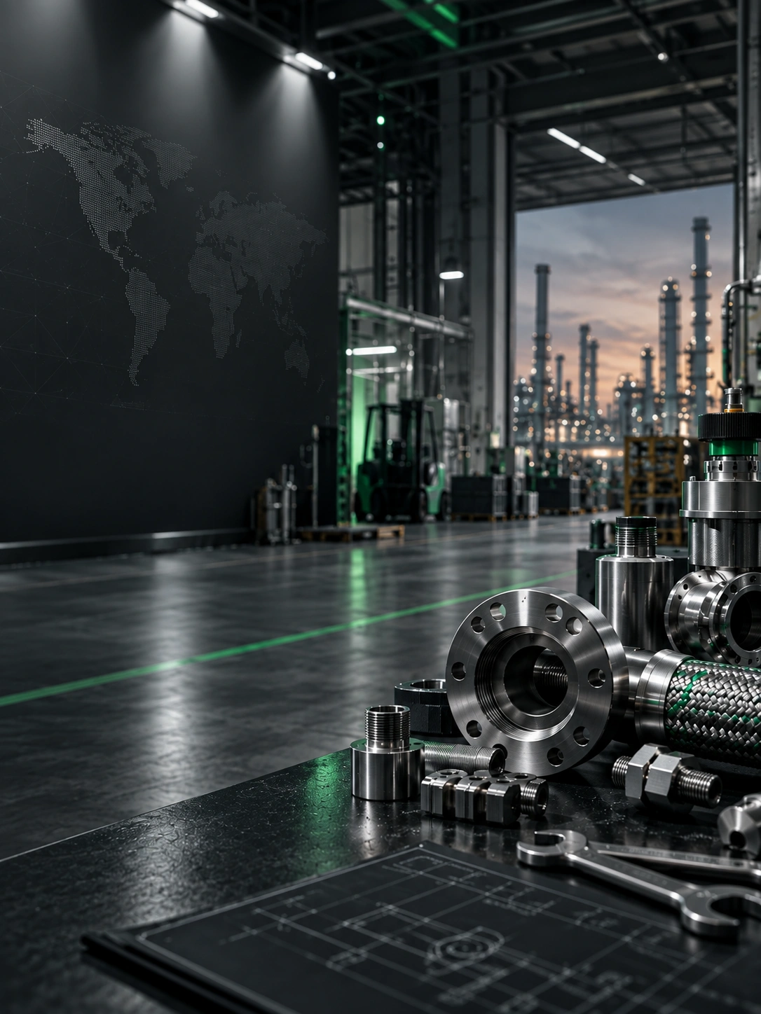 Industrial engineer inspecting precision metal components in a manufacturing facility