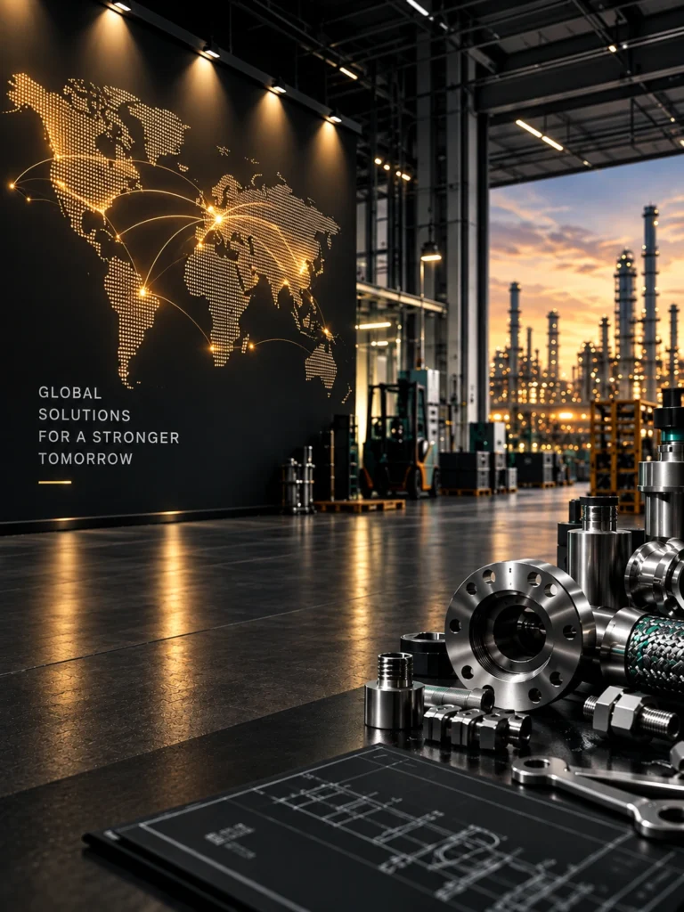 Modern industrial facility with global connectivity map and precision engineering components