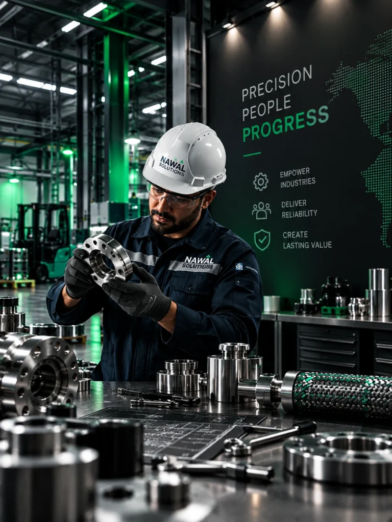 Industrial technician inspecting precision components in a modern manufacturing facility